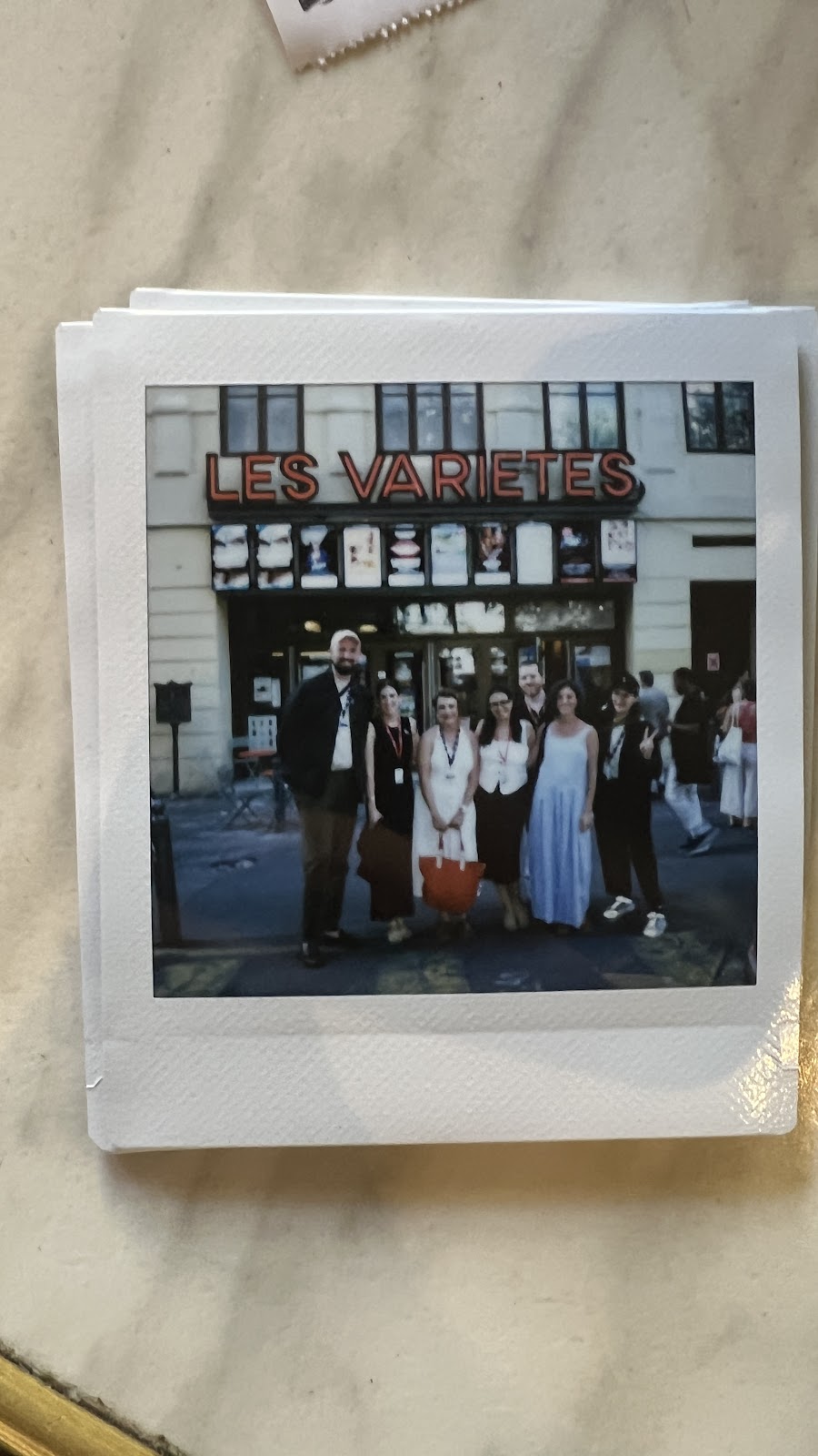 Outside Les Varietés after our first screening. L to R: Gabe Elder, Tessa Strain, your correspondent, Kate Stahl, Grant Stoops, Sydney Buchan, and Stephanie Neptune. 
